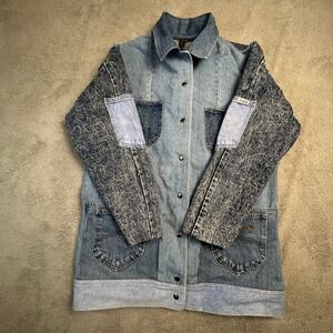 Vintage Denim Patchwork Jacket Women's Large Chore Coat‎ Acid Wash Longline Blue